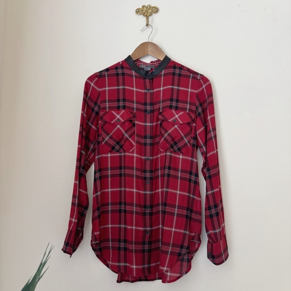 Vince Red Plaid Leather Trim Button-Up Shirt Sz 4 Cabincore